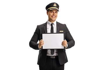 Porter in a uniform holding a blank board
