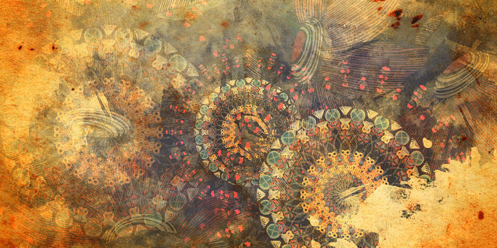 mandala colorful dark eyes vintage art, ancient Indian vedic background design, old painting texture with multiple mathematical shapes, unique grunge effects