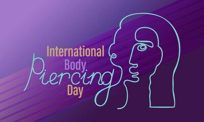 International Body Piercing Day. Banner. One line art, woman portrait. Violet and pink gradient.
