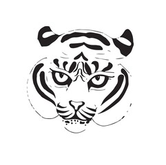 The head of a tiger with a menacing look. Vector stock illustration in doodle style isolated on white background.
