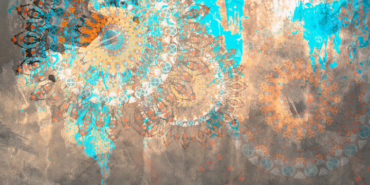 mandala colorful dark eyes vintage art, ancient Indian vedic background design, old painting texture with multiple mathematical shapes, unique grunge effects
