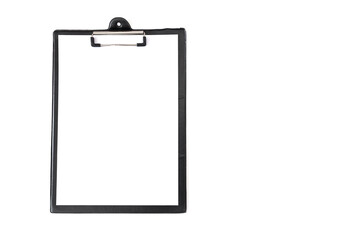 tablet with white sheet of paper isolated on white background. Copy space.