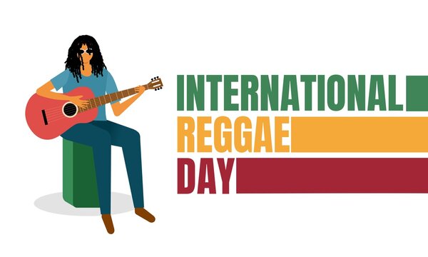 Vector illustration, Jamaican young man with dreadlocks, playing acoustic guitar, on colorful background, as poster or template, International Reggae Day. - Powered by Adobe