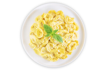 Fresh prepared Tortellini pasta with basil on a white isolated background