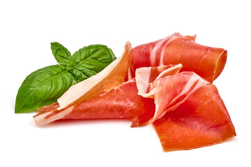 Prosciutto crudo or spanish jamon. Jerked meat, isolated on white background. High resolution image.