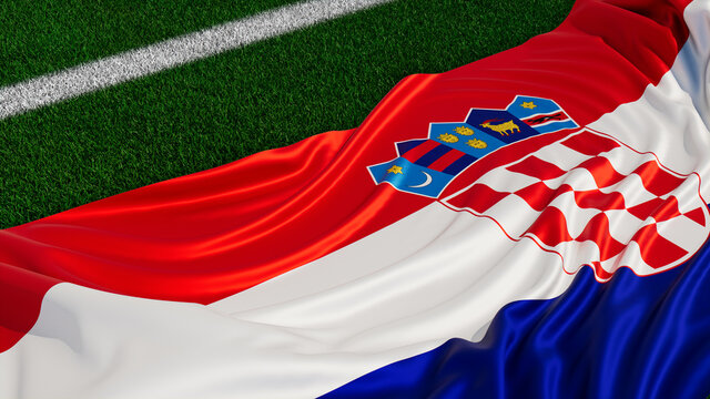 Flag of Croatia on a Sports field. Grass Pitch with a Croatian Flag. Euro 2020 Soccer Wallpaper.