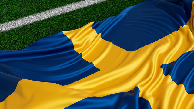 Flag of Sweden on a Sports field. Grass Pitch with a Swedish Flag. Euro 2020 Soccer Wallpaper.