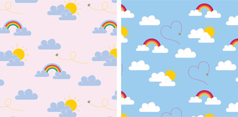 Cute sky seamless pattern for kids. cartoon vector illustration, pink blue background.