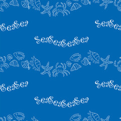 Seamless pattern of decorative wavy lines from outlines sea creatures and letterings