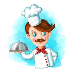 Children's illustration of a cartoon image of a cook, a man in the form of a cook. with a cap on his head, in his hands a dish with food for children's design