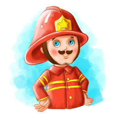 Children's illustration of a cartoon image of a firefighter, a man in a red fireman's uniform, in a helmet, for children's design
