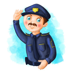 Children's cartoon illustration image of a policeman, a man in a police uniform, blue uniform with a tie for childish design