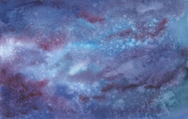 Watercolor Outer Space. Illustration of Night Sky with stars and clouds. Hand drawn abstract Background. Blue and violet colors