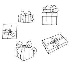 A set of gift boxes with bows, depicted from different angles. Vector stock illustration in doodle style isolated on white background.