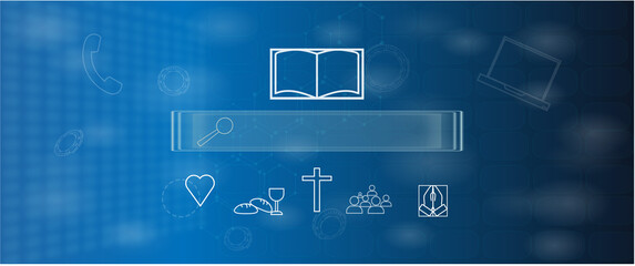 Search bar on virtual screen interface computer with church icons.  Religion  technology concept.  Copy space text.  Copy space text. 