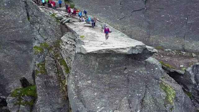 Trolltunga or Troll Tongue aerial view, a rock formation at the Hardangerfjord near Odda town in Hordaland, Norway