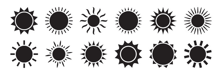 Sun vector icon, black solar set silhouettes isolated on white background. Summer illustration