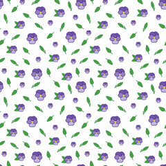 Seamless floral pattern with violet violas and purple pansies with green leaves.