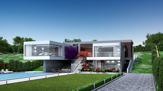 3D Illustration of a modern luxury house with a pool