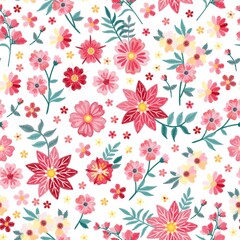 Ditsy seamless floral pattern in vector. Bright embroidery of flowers and leaves on white background. Print for fabric, paper, wallpaper, packaging design.