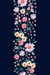 Vertical seamless border with embroidery flowers and leafs. Beautiful vector pattern.