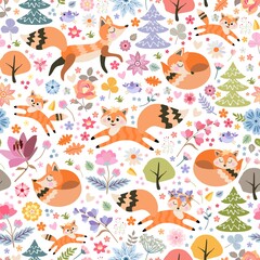 Cute seamless pattern with foxes and birds among flowers and trees on white background. Beautiful vector illustration for children.