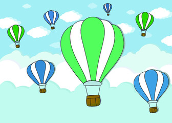 Green hot air balloons in sky