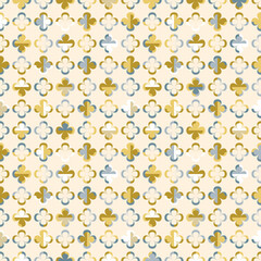 Modern vector abstract seamless pattern with stylised gold and blue layered flowers in retro style. Decorative geometric floral grid texture in vintage colour scheme for wallpaper and prints.
