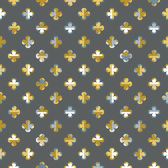 Modern vector abstract seamless pattern with stylised gold and blue flowers in retro style. Decorative geometric floral grid texture in vintage colour scheme for wallpaper and prints.
