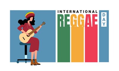 Vector illustration, jamaican girl playing acoustic guitar, on colorful background, as poster or template, International Reggae Day.