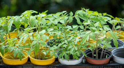 Fototapeta na wymiar young seedling tomato in colorful pots on a natural green background