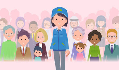 大勢の前に立つ配送員女性のセット