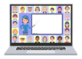 オンラインで授業を教えている配送員女性のセット