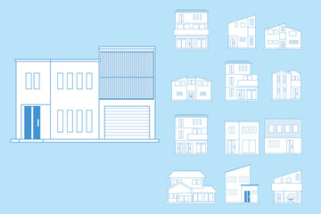 線画ラインアート　シンプルな一戸建て住宅家のイラストセット