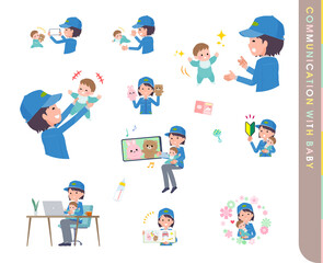 赤ちゃんとコミュニケーションをとる配送員女性のセット