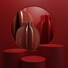 3D Rendering Monochrome Red Minimal Chinese Style Product Display Background for Lunar New Year, Moon or Dragon Boot Festival Events and Products. Chinese, Korea or Japanese Lantern Decoration.