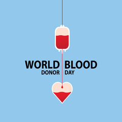 Donate Blood Concept Illustration for World Blood Donor Day. Banner with red bloody plastic container and sign. The heart of the recipient receiving the Blood transfusion isolated