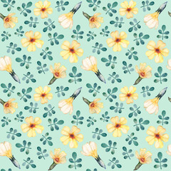 watercolor pattern yellow primrose and leaves