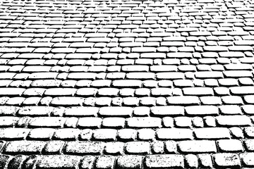 Grunge texture of of an uneven paved square. Monochrome background of old paving stones in perspective. Overlay template. Vector illustration