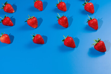 Strawberry ripe fruit on blue background. Harvest of fresh red berry