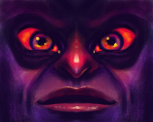 Portrait of a scary intimidating dark face with red eyes and gaze