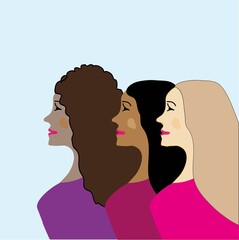 Women of different nationalities and cultures. The struggle for rights, independence, equality. March 8, International Women's Day. The concept of feminism. Modern flat design style. Banner.