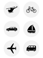 Vector illustration. Set of vehicle stickers. Traffic. Set of vehicle icons. Helicopter, bicycle, boat, car, bus, plane
