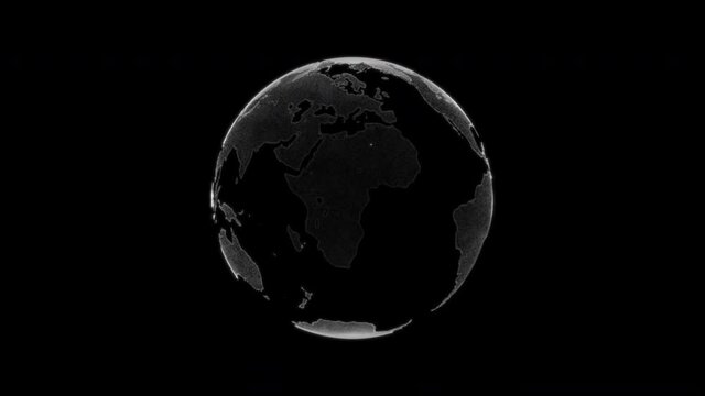 Rotating world globe from glowing particles. Digital planet Earth. Abstract world map animation background.