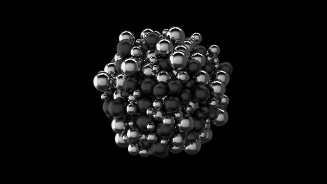 Black and chrome glossy balls. Shiny spheres structure. Embedded transparency. ProRes 4444 codec