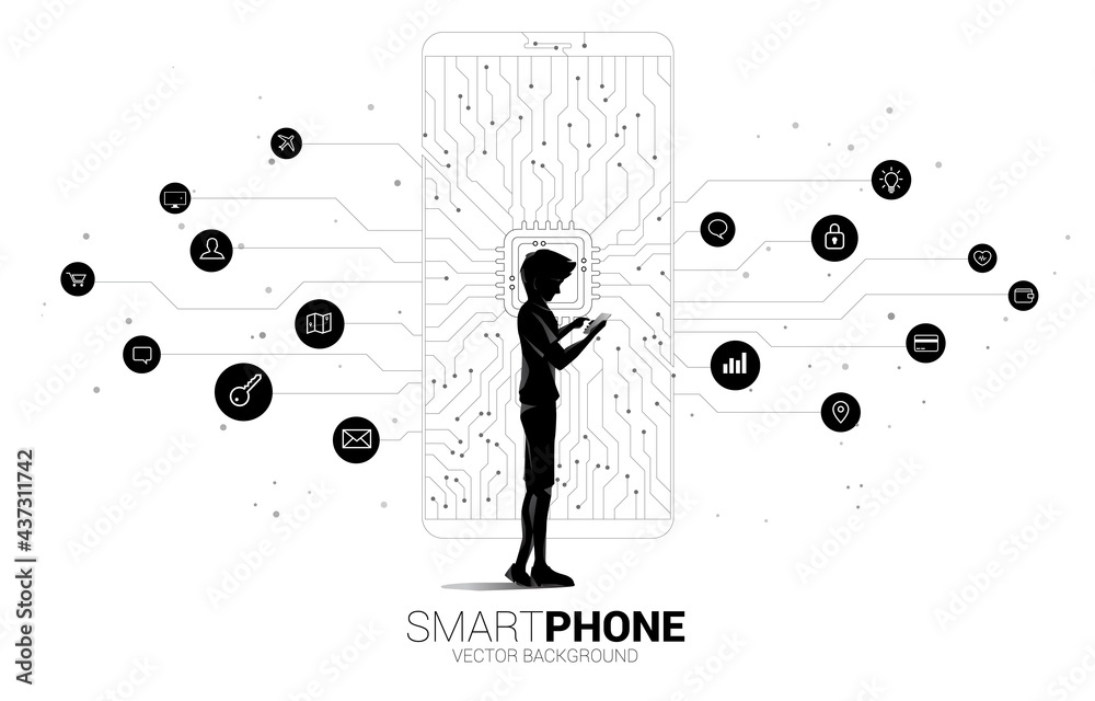 Poster silhouette man and woman use mobile phone and CPU dot connect line circuit board style mobile phone icon. Concept for mobile phone technology and data network.