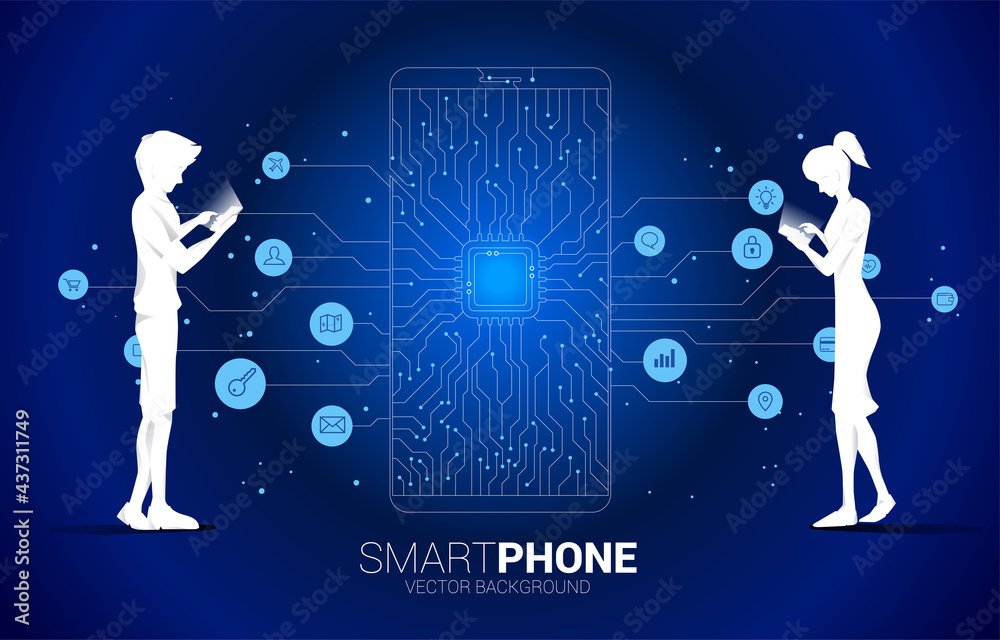 Aufkleber silhouette man and woman use mobile phone and CPU dot connect line circuit board style mobile phone icon. Concept for mobile phone technology and data network.