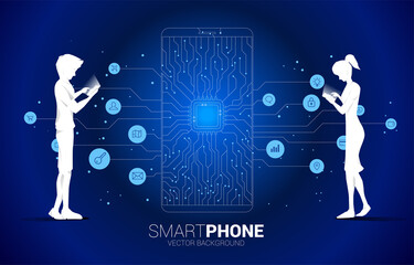 silhouette man and woman use mobile phone and CPU dot connect line circuit board style mobile phone icon. Concept for mobile phone technology and data network.