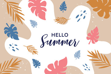 Fototapeta na wymiar Hello summer banner with design of palm leaves and tropical plants.