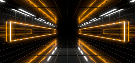 Sci Fy neon lamps in a dark corridor. Reflections on the floor and walls. 3d rendering image.